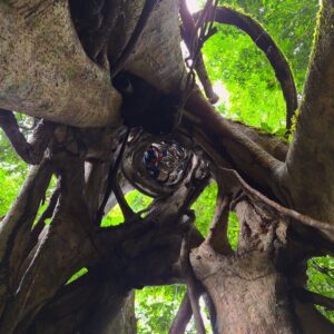 Hollow inside of a strangler fig tree in the rainforest in Costa Rica