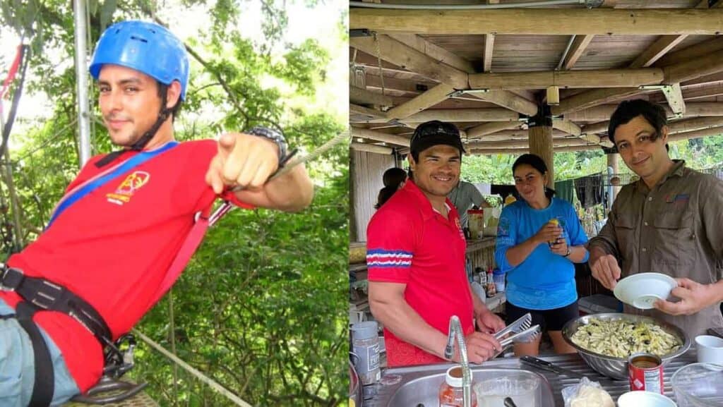 Serendipity Guide Sergio treeclimbing and preparing food with two other adventure guides